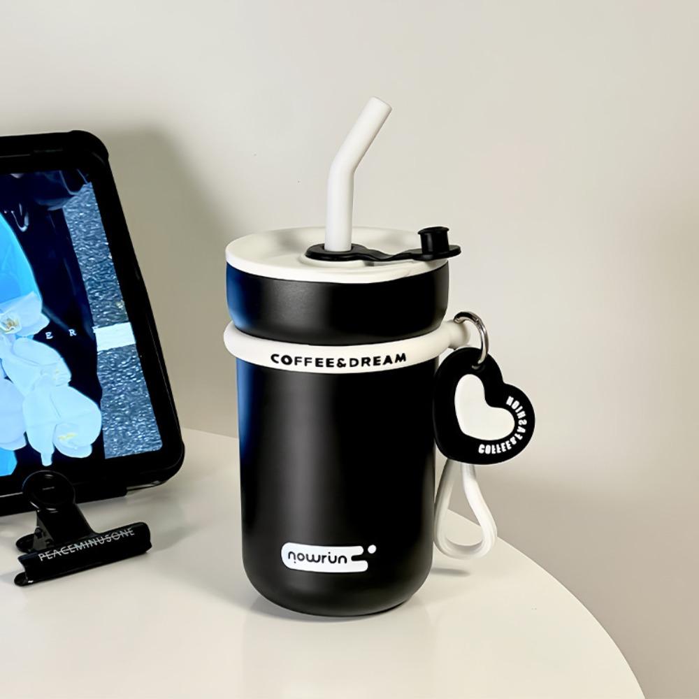 

304 Stainless Steel Straw Cup 580ML Vacuum Cup Kawaii Thermal Mug чёрный