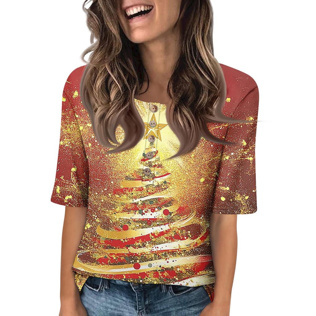 Shirts For Women Trendy Round Neck Button T Shirts Printed Blouse Half Sleeve Tops For Women