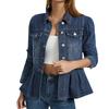 Women's Trendy Denim Jacket with Ruffle Trim, Fitted Waist and Multi-Pocket Utility