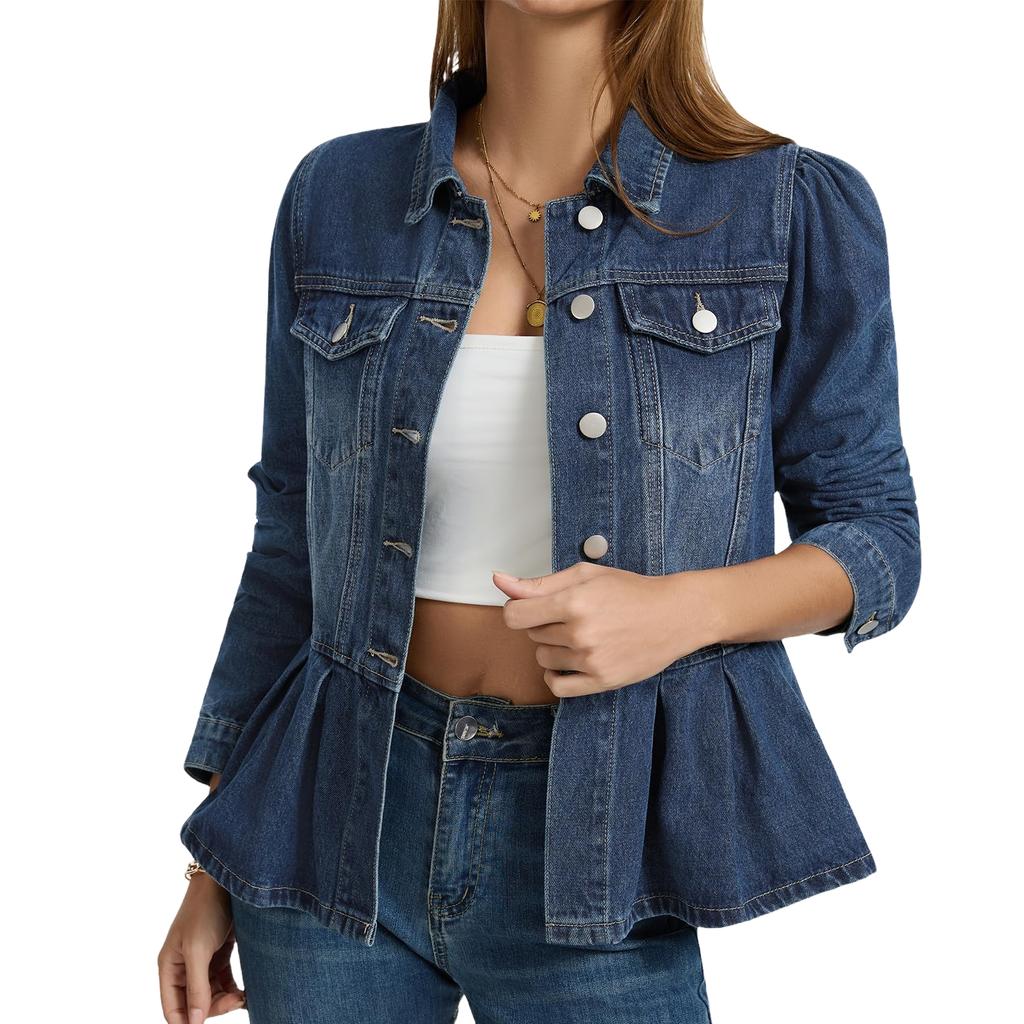 Women's Trendy Denim Jacket with Ruffle Trim, Fitted Waist and Multi-Pocket Utility