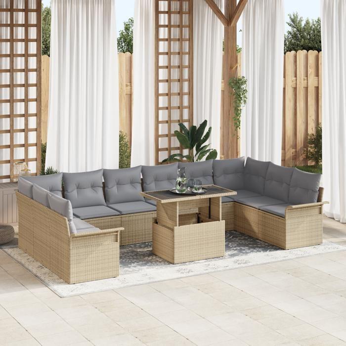 VidaXL Ensemble de Canapés de Jardin 11 Pièces avec Coussins Beige Rattan Poly 3348356