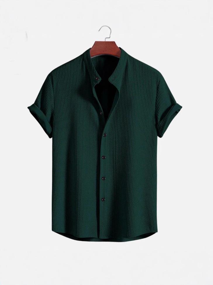 

Stand Collar Short-Sleeve Shirt for Unisex - Striped Texture, Rolled Cuffs & Button Front, Light Fabric Ideal for Daily Smart-Casual & Office Wear 3XL зелёный
