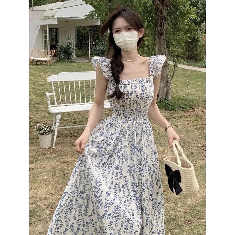 Women s Elegant Slimming Blue Floral Strappy Dress - Summer 2026, Waist-Cinched with Flutter Sleeves XL