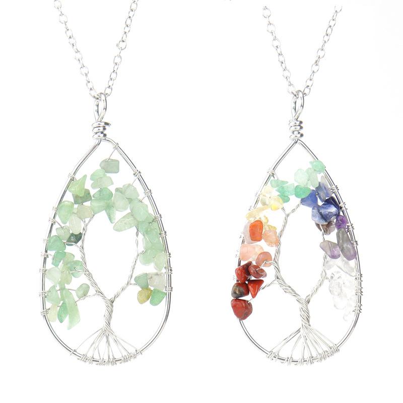 Handmade Winding Silver Natural Stone Crystal Water Drop Shaped Tree Of Life Necklace Colorful Stone Pendant Necklace N30