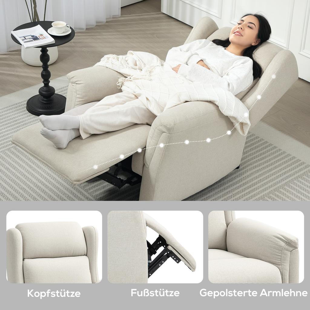 Recliner, Adjustable Upholstered Chair with Footrest, Reclines 160 degrees, Linen Look, Quick Assembly, Beige