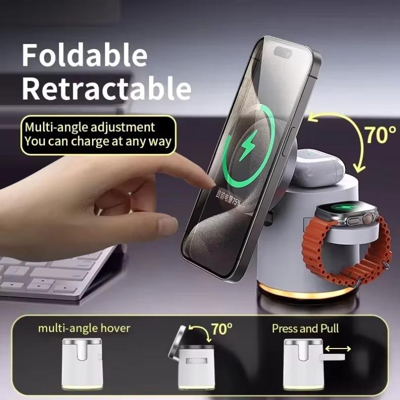 4 in 1 Fast Charging Dock Stand QI2 Wireless Charger Night Light For Magsafe iPhone 16 15 14 Pro Max Airpods Pro 2-8 Apple Watch