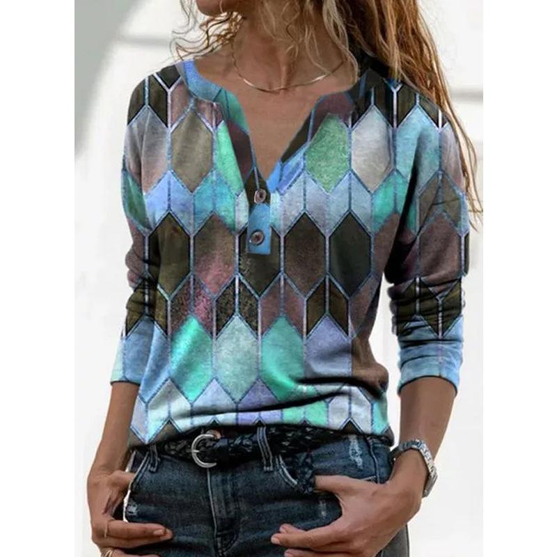 Summer New Long-sleeved Digital Printed V-neck Pullover Long-sleeved Loose Bottoming Shirt T-shirt for Women