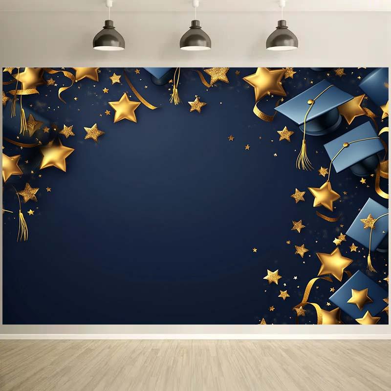 2D Plane Graduation Theme Background Fabric Decorated with Golden Stars and Graduation Cap Patterns Polyester Fiber