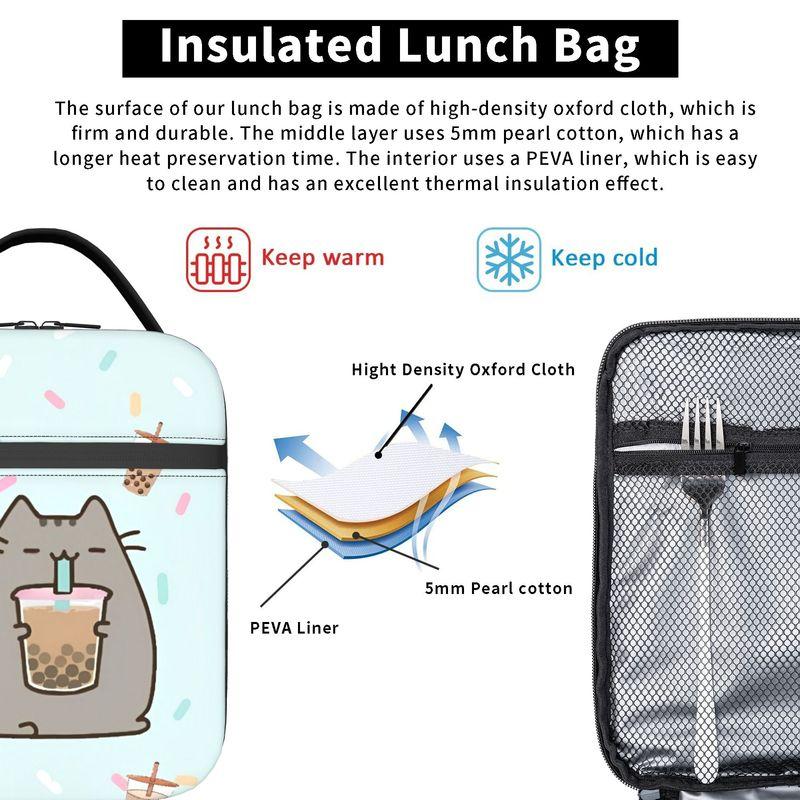 Boble Tea Insulated Lunch Bags Thermal Bag Reusable,Lunch Container P-Pusheencats High Capacity Lunch Box Tote Food Handbags