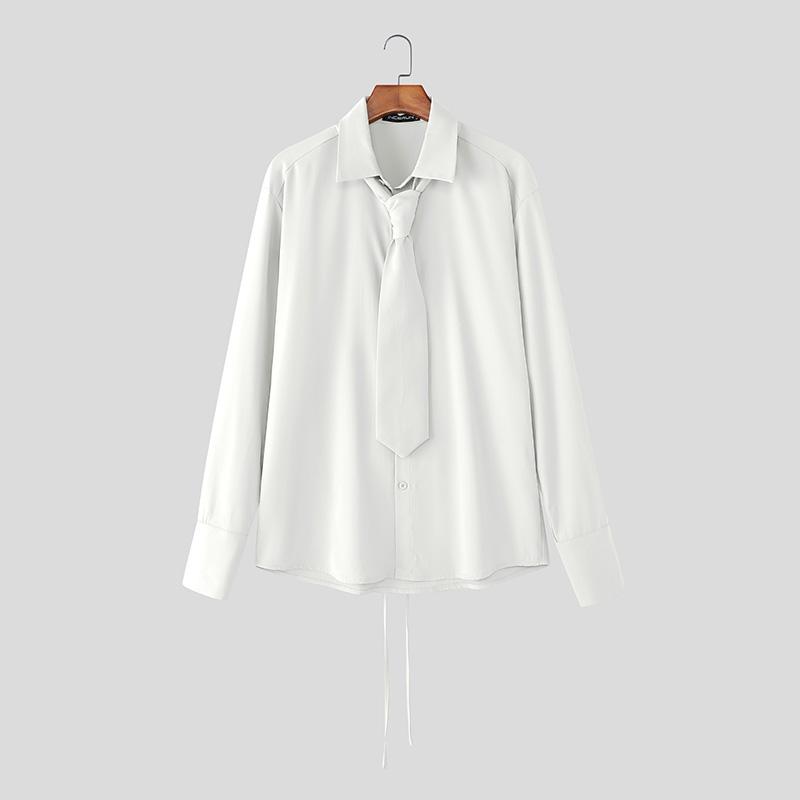 INCERUN S-5XL Men Casual Lapel Neck Long Sleeve Lace-up Waist Loose Shirts Tops