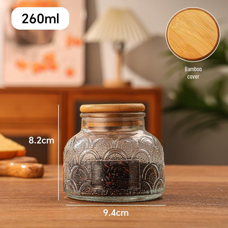 

Large Embossed Glass Storage Jar with Bamboo Lid - Transparent, Airtight, for Kitchen Dried Fruit and Grain