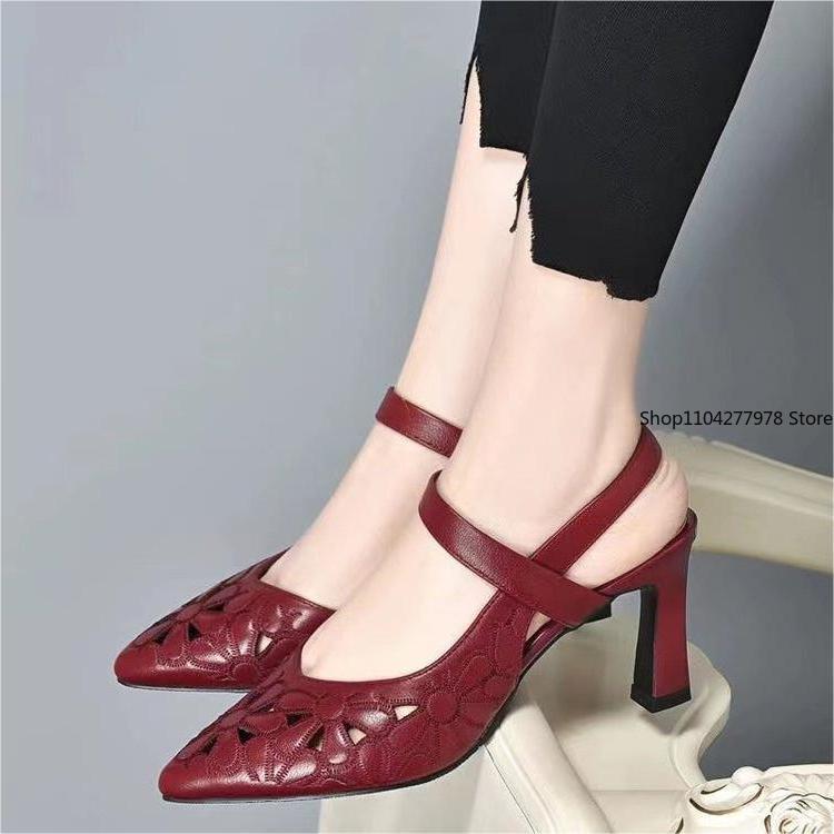 Fashion Ladies Shoes Pointed Toe Sandals for Women Block Heel Pumps Footwear Outdoor Red Heeled High Heels 2025 Summer Chunky Thick Sale