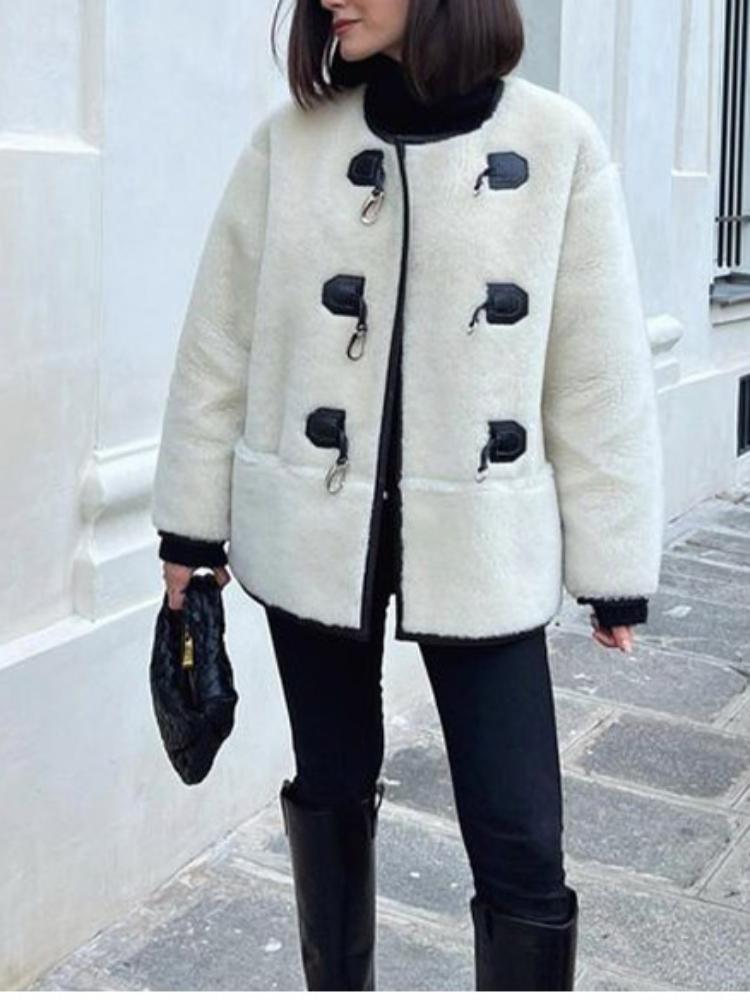 

Женская утепленная плюшевая куртка из ягненка, элегантное свободное женское пальто с круглым вырезом и пуговицами с длинными рукавами, модная меховая интегрированная верхняя одежда XL белый