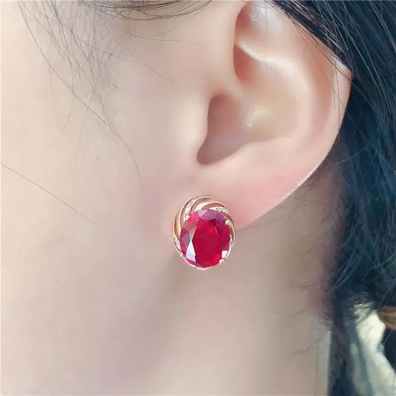 Boucles d'oreilles classiques saphir romantique clou plaqué or rose incrusté ovale rubis pour femmes mariage Zircon