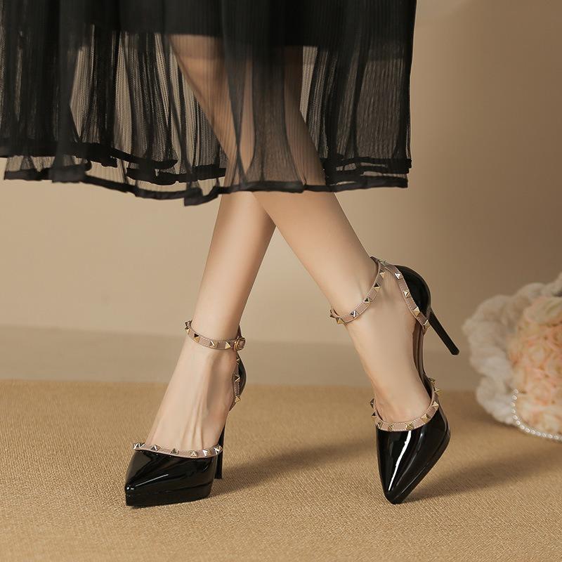 8-One-word Rivet High Heel Single Shoes Pointed Thin Heel Waterproof Table Sandals Women's Hollow Bag Head High Heels