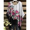 Summer Fashion New Product Large Round Neck Color Block Splicing Two Tone Rose Flower Pattern Printing