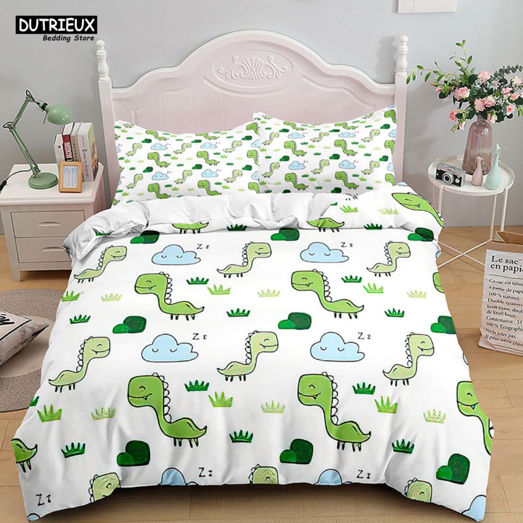 Cartoon Dinosaur Bedding Set White Soft Duvet Cover Animals Kids Boys Single Double Twin Queen King Size Duvet Cover Set