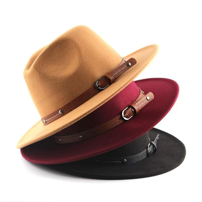 1PC Fashion Wool Fedora Hat Men Autumn Winter Wide Brim Jazz Cap Imitation Woolen Women Church Felt British Hat