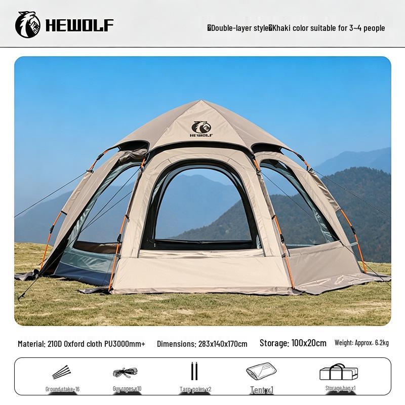 Men's Wolf Outdoor Instant Tent - Hexagonal, Anti-Mosquito, Windproof, Rain Resistant, 4-Sided Mesh Windows