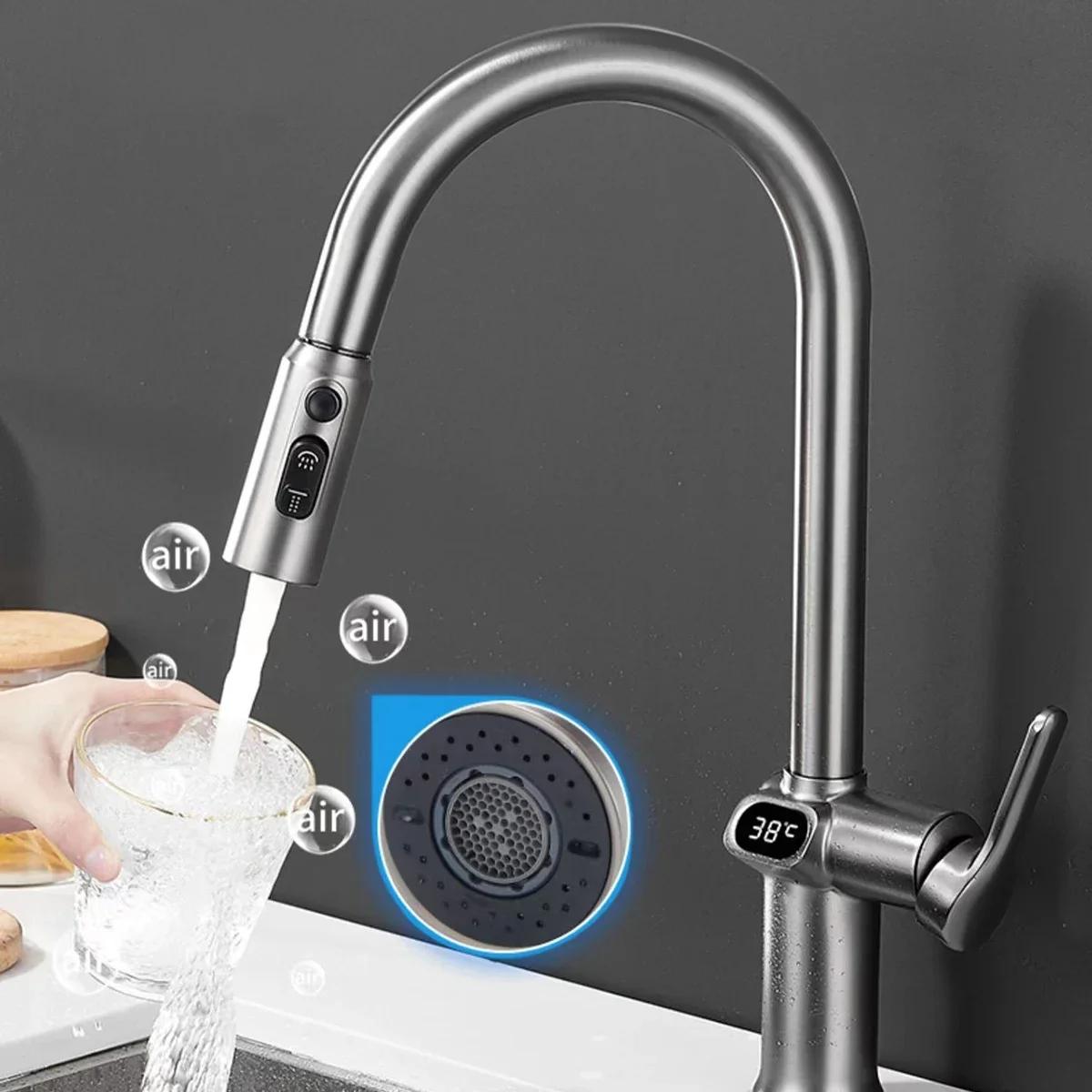 Kitchen Faucet Temperature Faucet Kitchen Pull Out Kitchen Sink Faucet Digital Display Function Rotatable Kitchen Taps argento