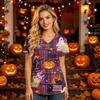 Women V Neck Short Sleeve Halloween Print Scrub Top with Pockets for Healthcare Work Uniforms Comfortable Fit