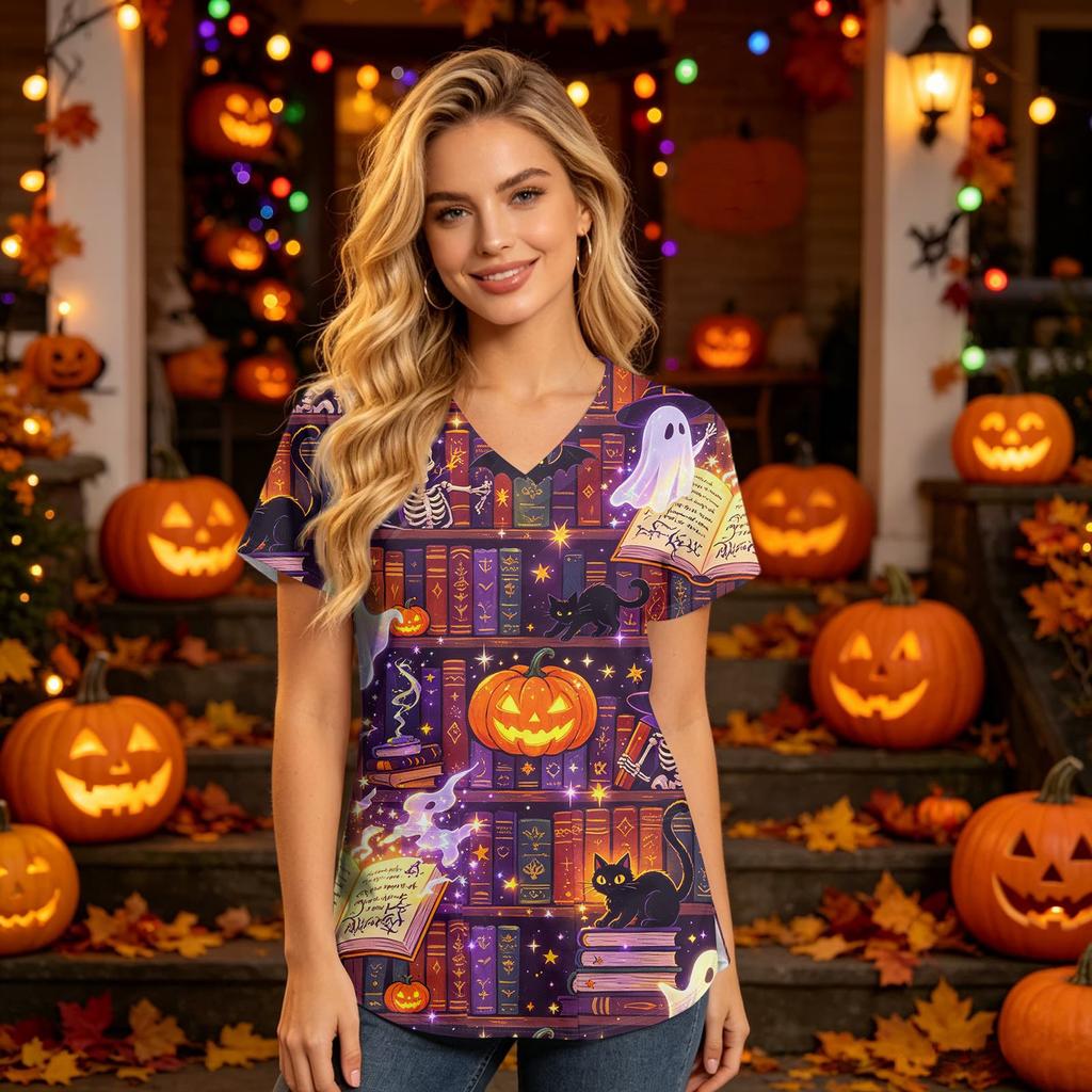 Women V Neck Short Sleeve Halloween Print Scrub Top with Pockets for Healthcare Work Uniforms Comfortable Fit