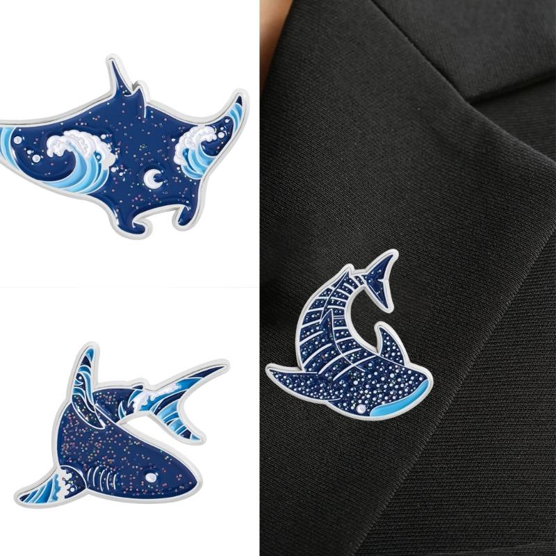 Cartoon Marine Animal Enamel Pins Glittering Dolphin Manta Ray Shark Brooch Alloy Lapel Jewelry Gift Accessories