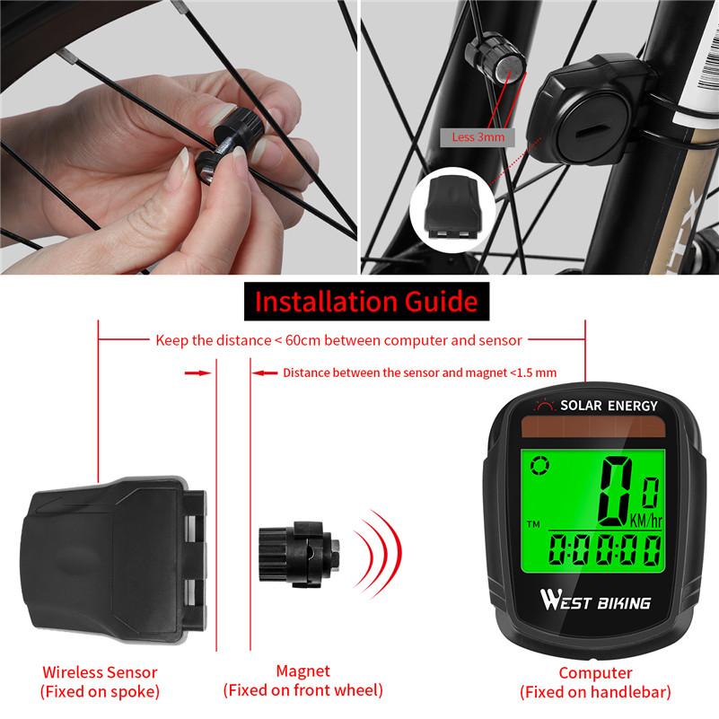 WEST BIKING Solar Powered Bike Computer Wireless Waterproof Bicycle Speedometer Odometer Automatic Wake-up Bicycle Computer2