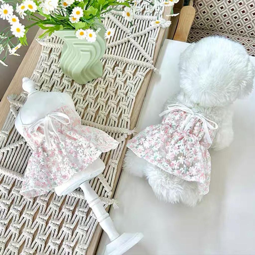 Pet Floral Dress with Lace Checkered Vest Teddy Top Cute Camisole Vest Dog Clothes for Small Dogs Puppy Clothes