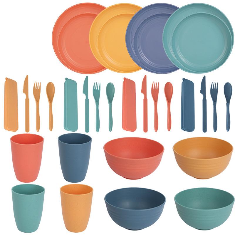 Outdoor Portable 32-piece Plastic Tableware Set of Wheat Straw Bowls, Plates, Cups, Knives, Forks and Spoons