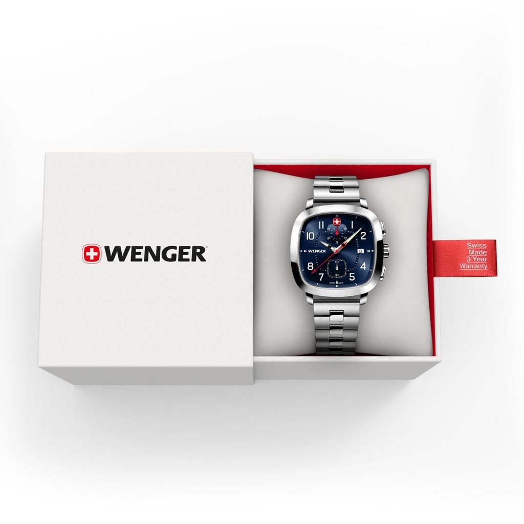WENGER VINTAGE SPORT CHRONO Stainless Steel Case Blue Silver Stainless Steel Quartz 50m Water Gift Idea Men's Watch, (316L), Dial, Bracelet, Movement,