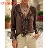 Polyester Blouse With Ruffle Hem And Long Sleeves For Office Wear