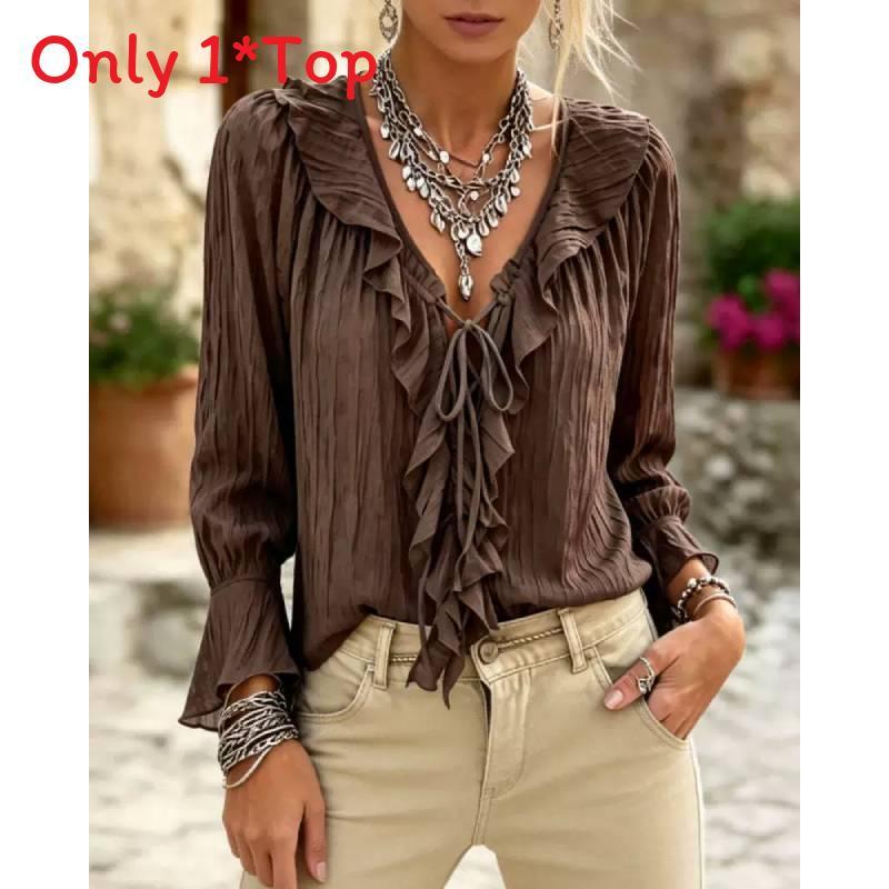 Polyester Blouse With Ruffle Hem And Long Sleeves For Office Wear