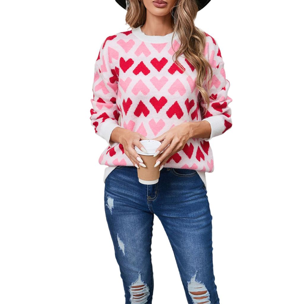 Women's Casual Fashion Round Neck Heart Sweater Knitted Bottoming Shirt