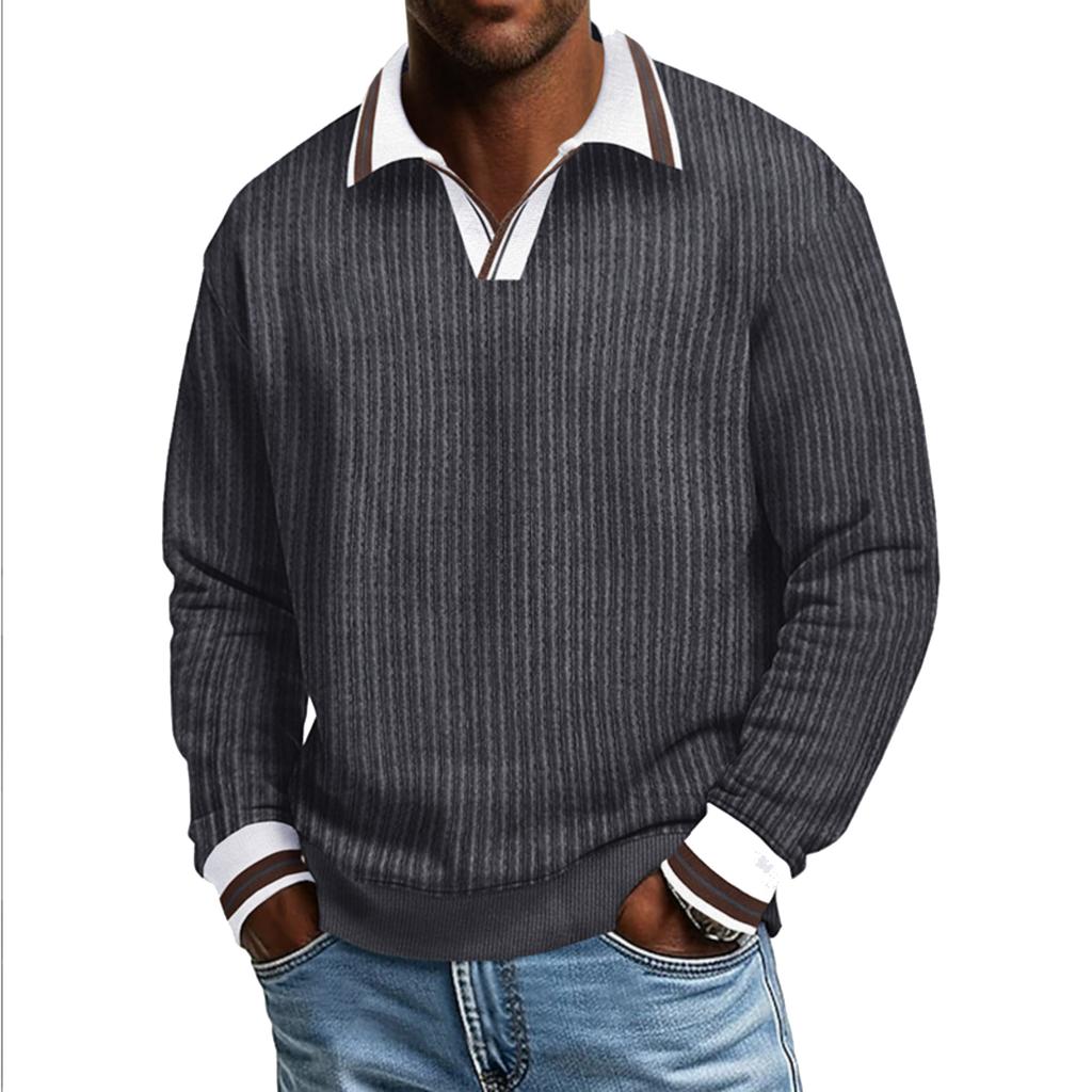Men's Long,sleeved Color,blocked Pullover, Men's Lapel Corduroy Long,sleeved Top