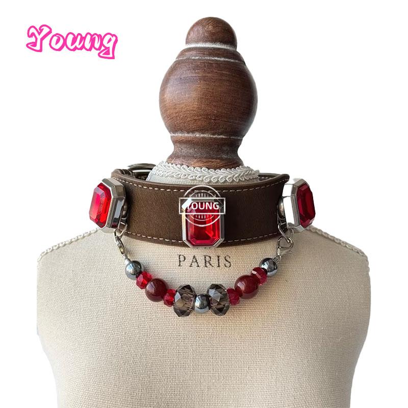 Luxury Leather Dog Collar with Detachable Agate Charm & Magnetic Ruby Gemstone Decor Pet Necklace Handmade Collar for Dogs Cats