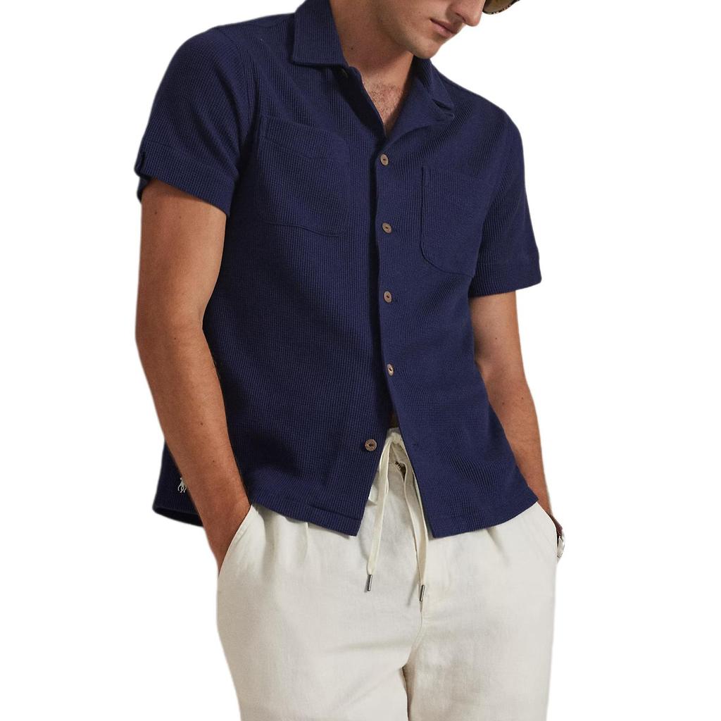 Polo Ralph Lauren Lightweight Breathable Cotton Linen Blend Waffle Knit Camp Collar Short Sleeve Straight Camp Shirt Men shirts 710P04764-001