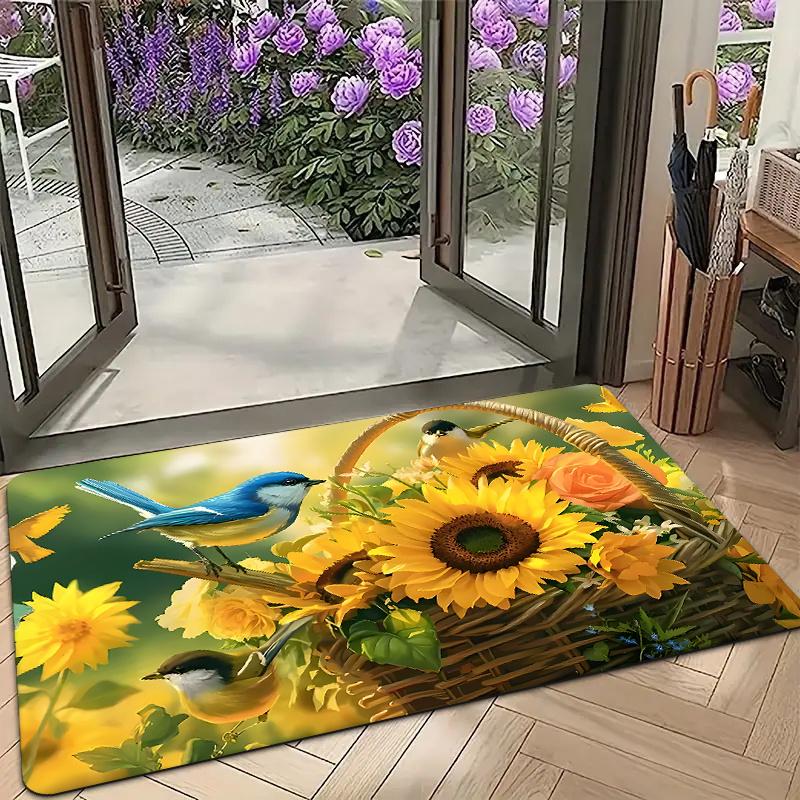1Pcs Anti Fatigue Kitchen Rugs, Sunflower BirdPrint Waterproof Non-Slip Thick Cushioned Kitchen Mat Heavy Duty Comfort Standing Mat for Kitchen