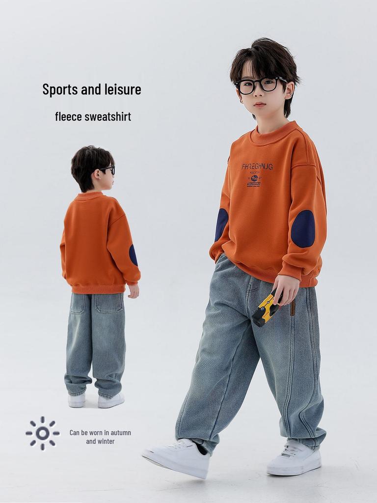 Boys' Winter 2025 Plus Velvet Hoodie: Stylish Thick Long Sleeve Round Neck Sweatshirt for Kids