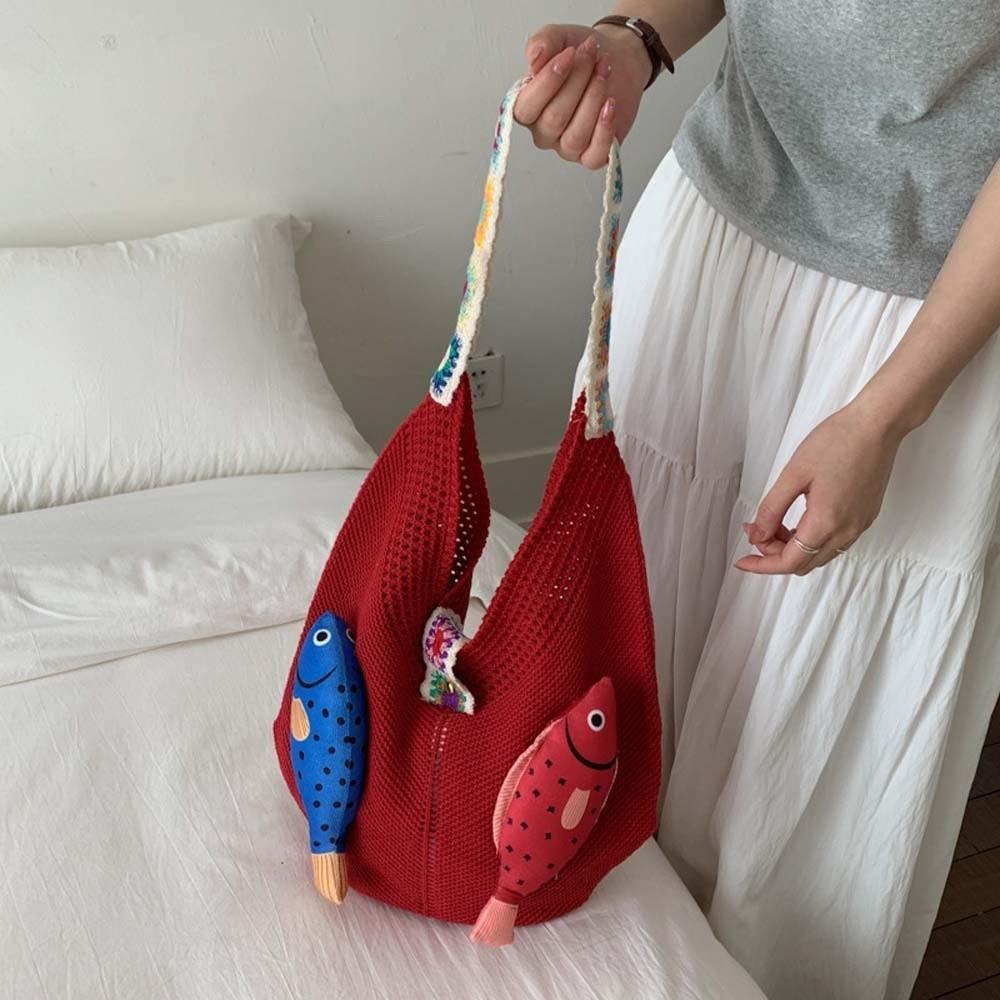 Fish Hollow Out Woven Bag Magnetic Buckle Tassels Beach Handbag Cotton Crochet Shoulder Bag  Beach
