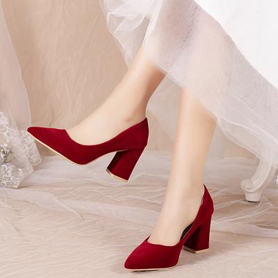 Fashion Women's Sandals Summer French Red Wedding Shoes for Women Spring/Summer/Autumn Pointed Thick Heels Not Tiring Feet Bride Shoes