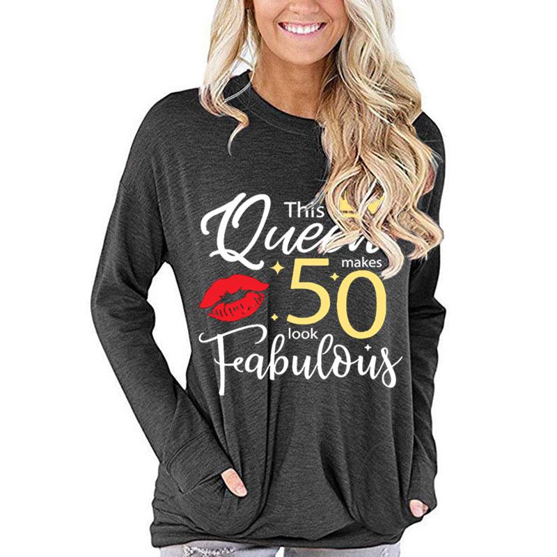 This Queen 50 Makes Look Feabulous Print T Shirt Women Funny Graphic Tees Mom 50th Birthday Gift Tops Fashion Sexy Lips Tshirt