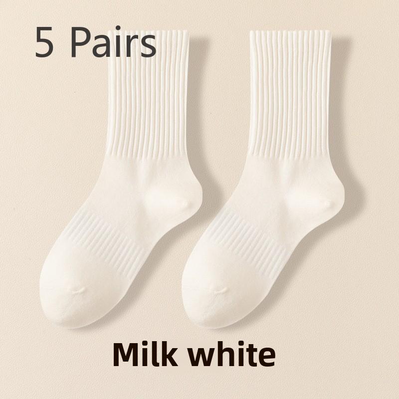 5 Pairs of Women's Spring and Fall Solid Color Sports Cotton Tide Mid Tube Pile Socks