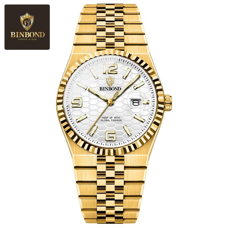 Orologio da uomo Binbang impermeabile luminoso con cinturino in acciaio, quadrante moda, orologio al quarzo