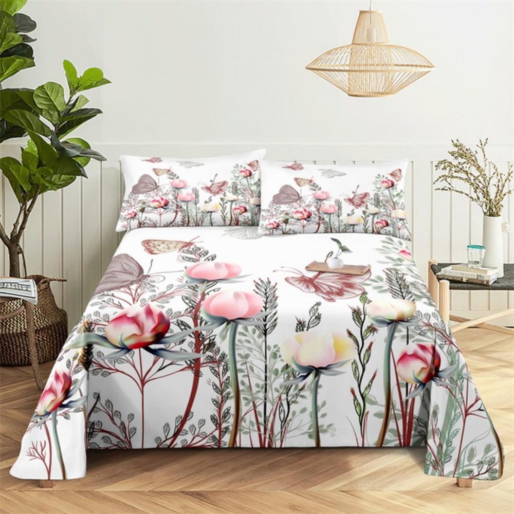 Pink Rose Bed Sheet Sets 3D Print Flowers Bed Flat Sheet for Women Girls King Queen Full Twin Size 2/3pcs Bed Linen Room Decor