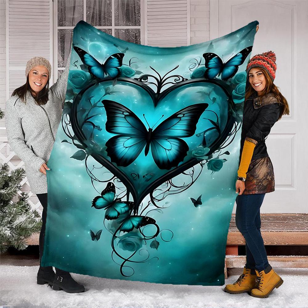 1pc Butterfly Heart Print Outdoor Flannel Blanket Soft All Season Polyester Throw , Perfect for Picnics & Travel , Picnic Accessory