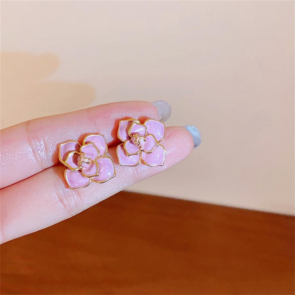 Glaze Purple Color Flower Stud Earring for Women French Retro Elegant Korean Sweet Ear Wedding Party Jewelry Gift