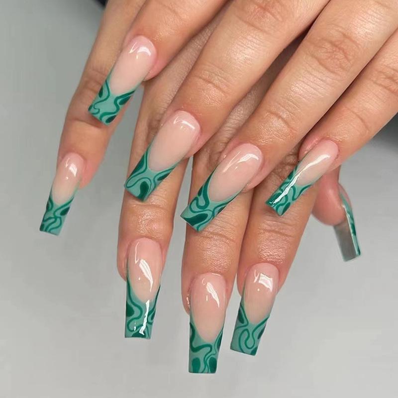 European and American long ballet nails, green ripples, natural white ins wind nails can be