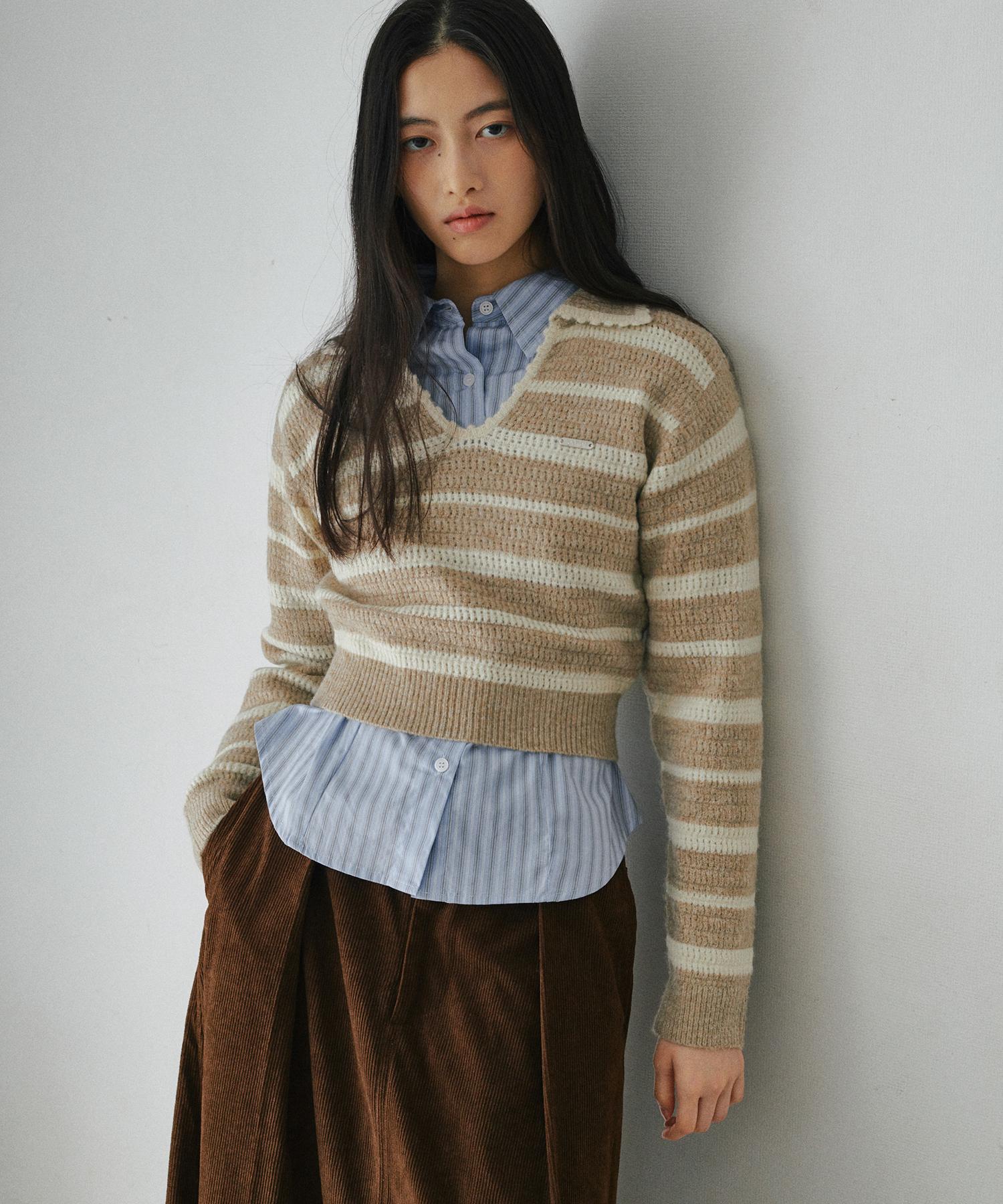 Belloel Striped Open Collar Slim Fit Long Sleeve Knit Beige