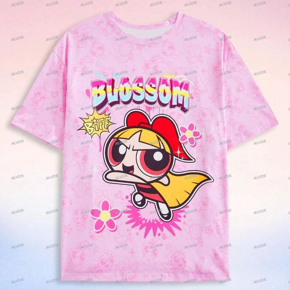 THE POWERPUFF GIRLS Women's Short Sleeve 3D Print T-shirt Round Neck Summer Oversized Casual T-Shirt Women's Clothes